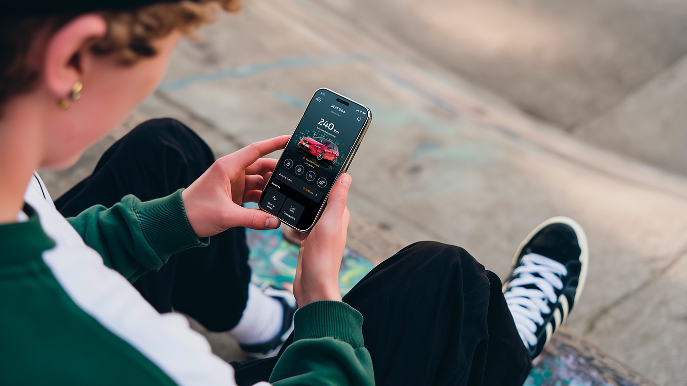 Person, die mit dem Smartphone die Remote-Funktionen von SEAT nutzt. Person, die mit dem Smartphone die Remote-Funktionen von SEAT nutzt.