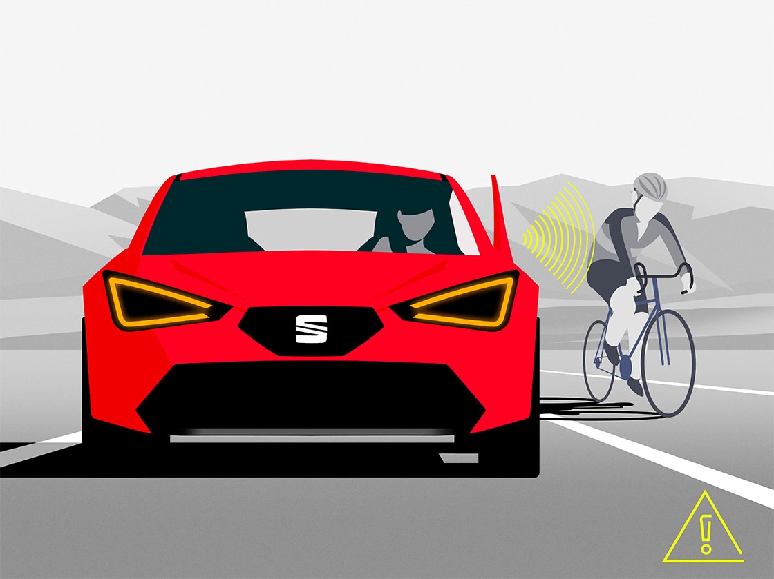Illustration de l’assistant de changement de voie et de l’assistant de sortie du SEAT Leon 5D, qui avertit le conducteur des véhicules dans l’angle mort.