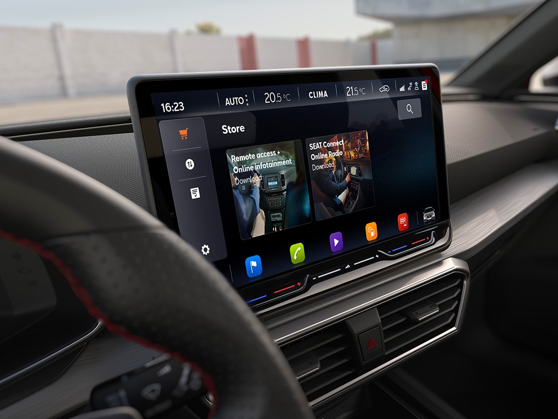 SEAT Leon's navigation system on the central touchscreen. CONNECT Plus provides real-time updates and online connectivity for the navigation system, ensuring a seamless driving experience.