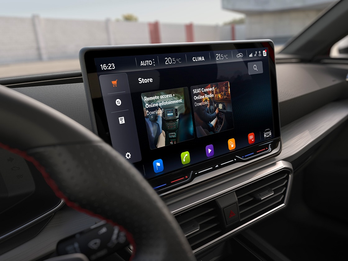 Innenansicht des SEAT Connect-Navigationssystems mit 12,9-Zoll-Display im SEAT Leon NF 5D.