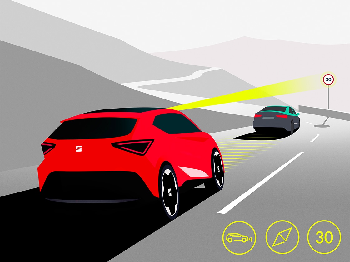 Illustration der Geschwindigkeitsregelanlage mit Distanzkontrolle im SEAT Leon Sportstourer.