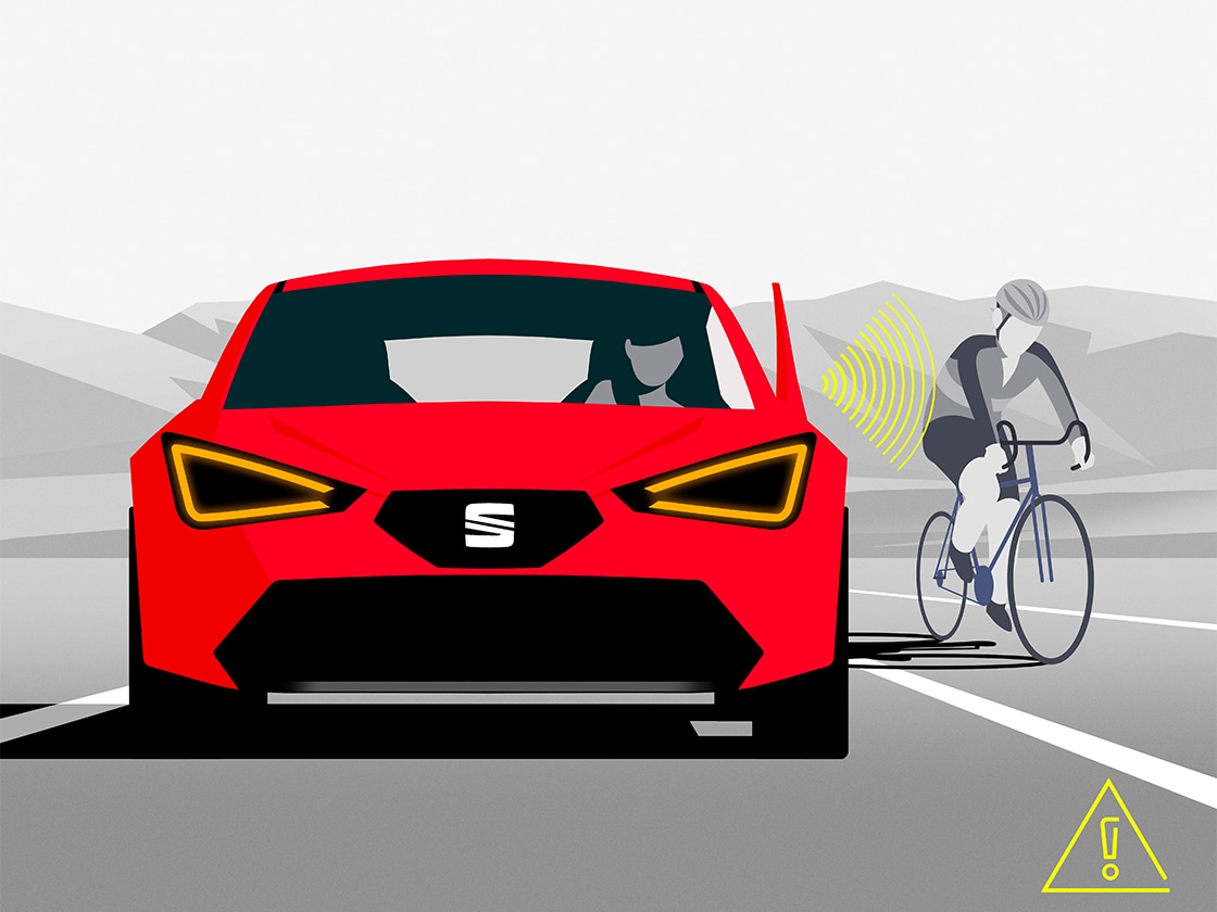 Illustration des Spurwechselassistenten & Ausstiegsassistenten im SEAT Leon Sportstourer, der den Fahrer auf Fahrzeuge im toten Winkel aufmerksam macht.