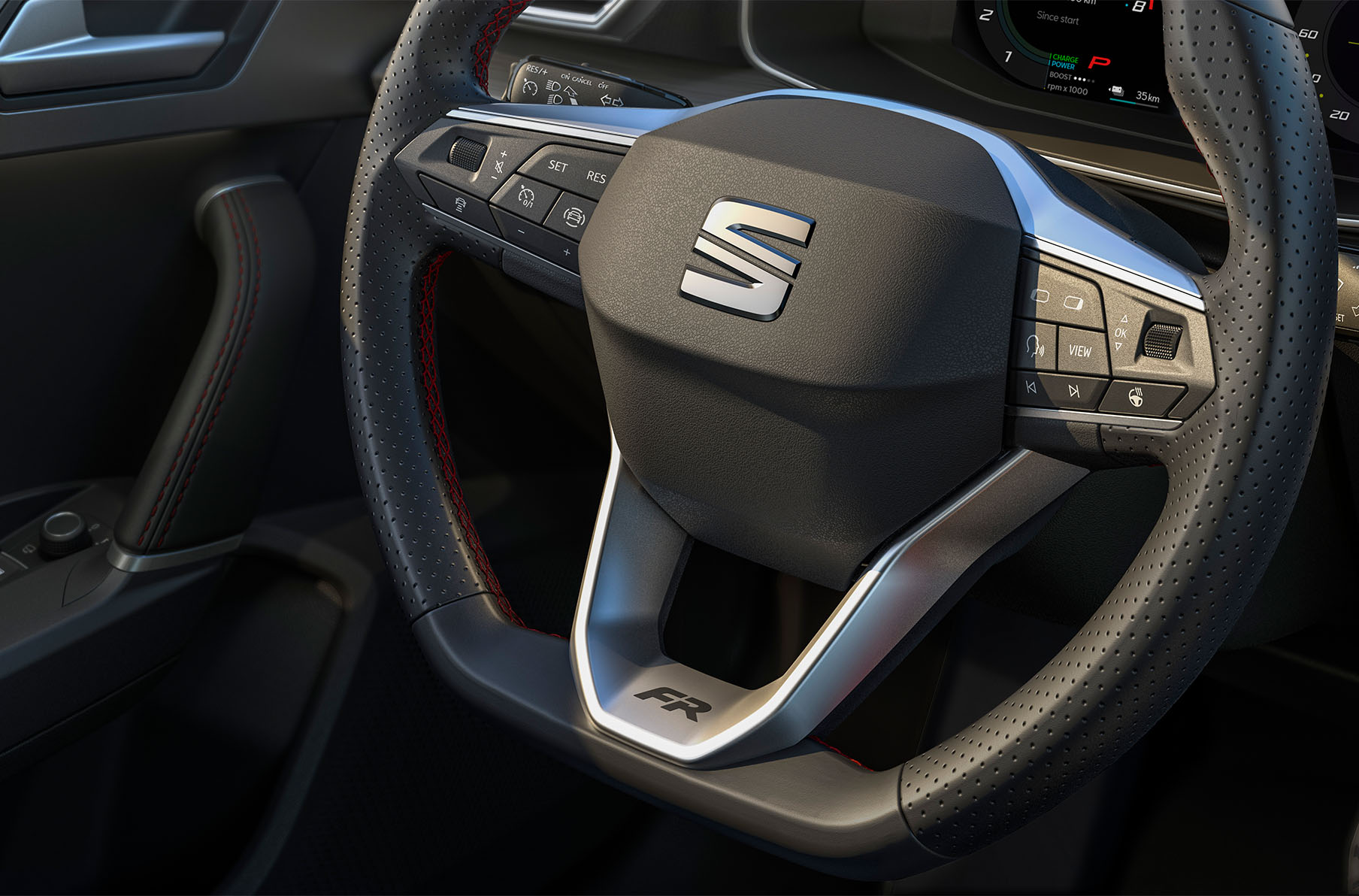 vista interna del volante sportivo in pelle della seat leon