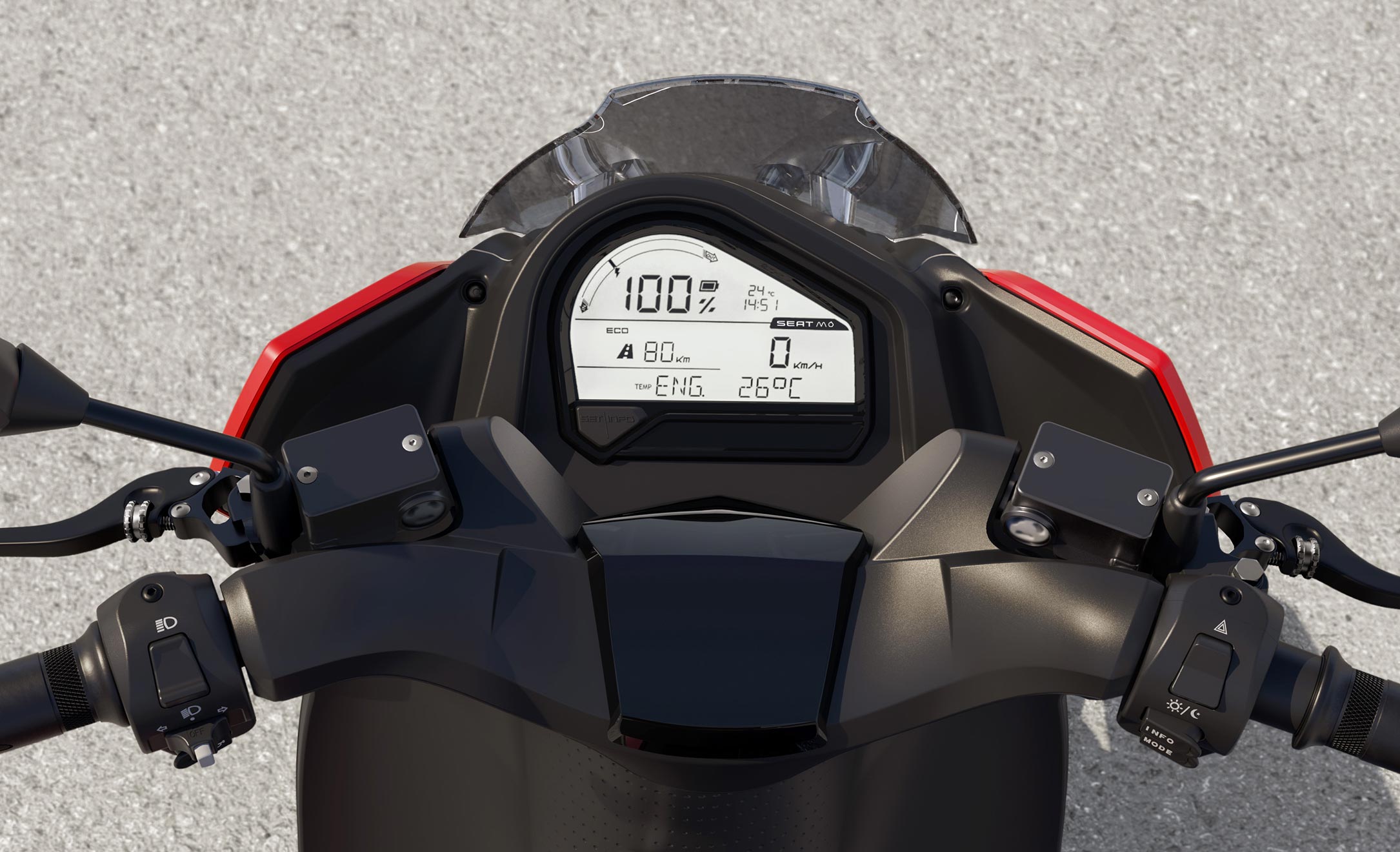 Motociclo elettrico SEAT MÓ eScooter 125, modalità di guida, vista in dettaglio display